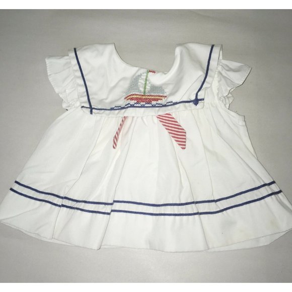 Vintage Baby SunDress0-6 Months - White Sailor Style White BlueRed - Picture 1 of 3
